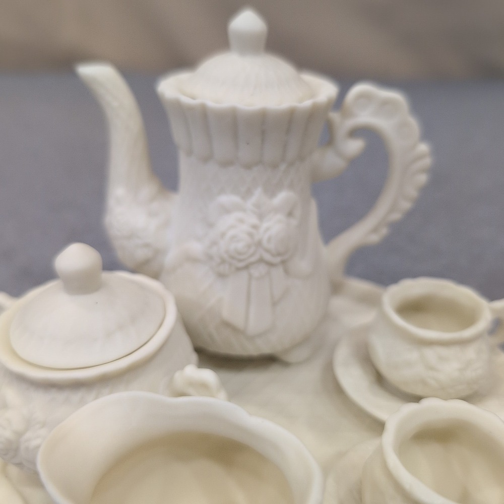 Albert E Price Miniature Porcelain Tea Set White Floral Relief 10 Piece Set - - Picture 2 of 8